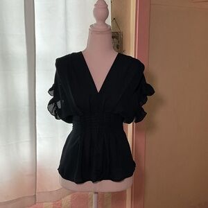 Max Studio Navy Ruffled V-Neck Blouse